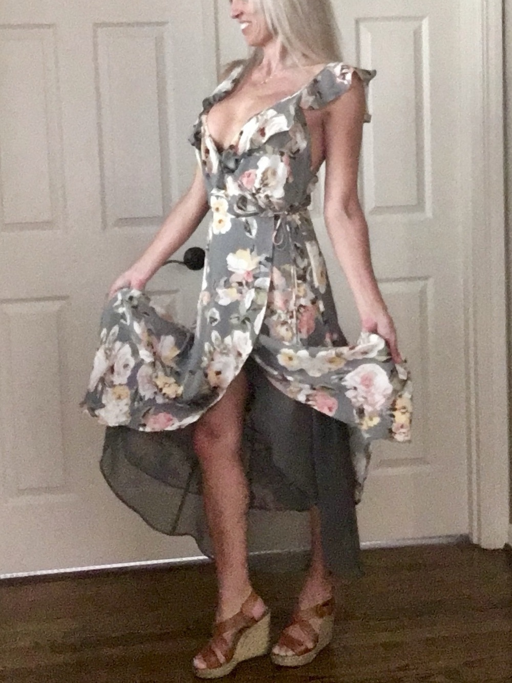 REVOLVE Gray Floral Ruffle Wrap High-Low Dress